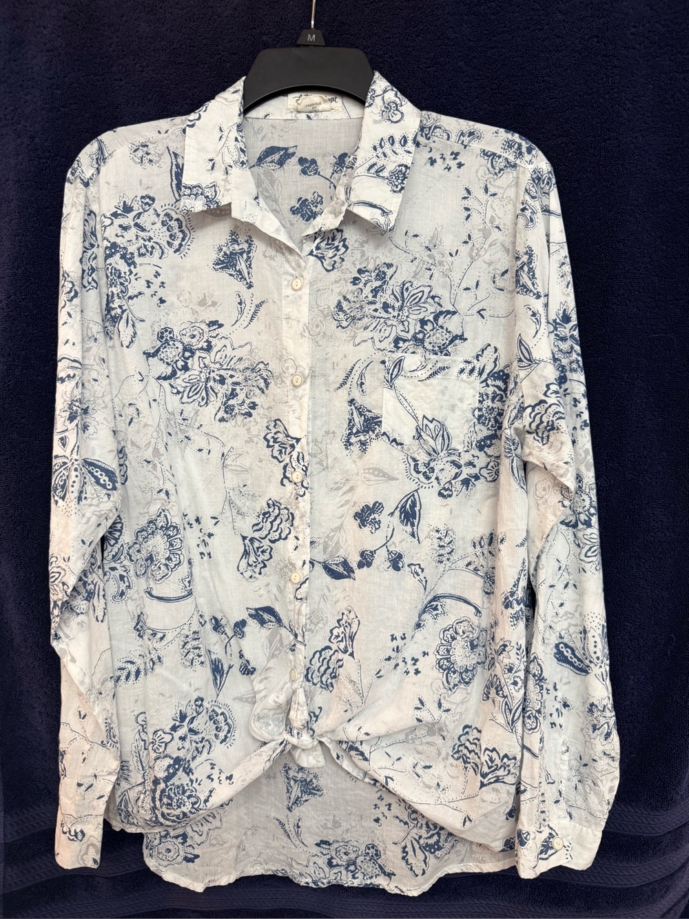 White Button-Up Floral Shirt with Blue Print